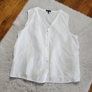 Eileen Fisher Linen Button Up Sleeveless Top Blouse Women's XL White Semi-Sheer